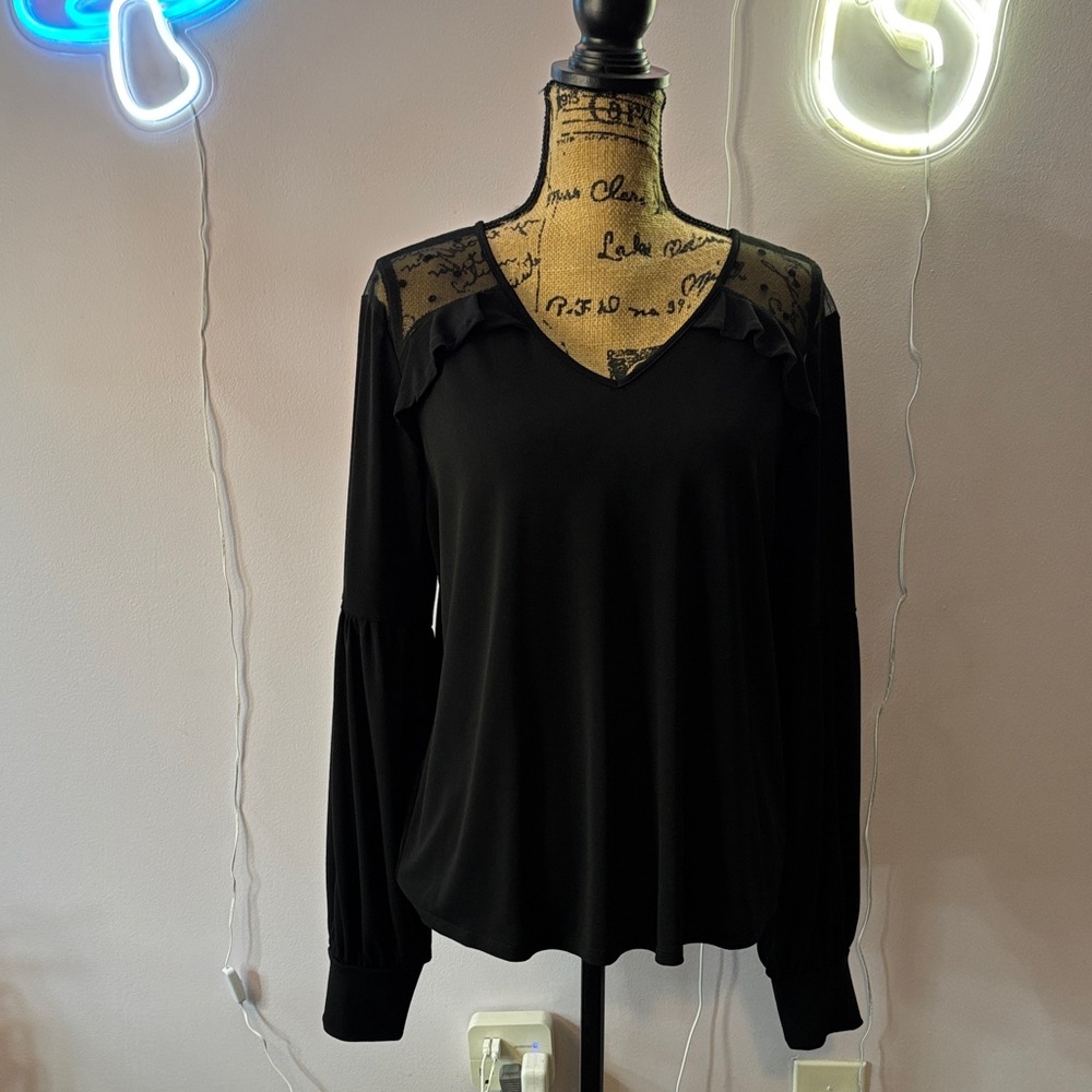 Adrianna Papell Black Sheer Lace Blouse